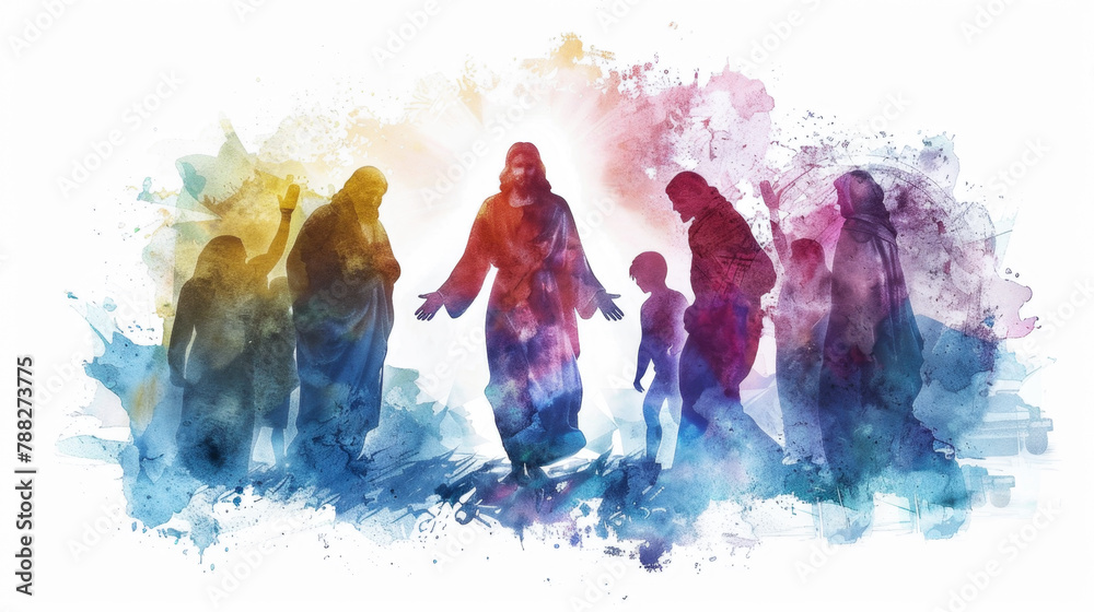 Jesus comforting his disciples with peace after rising from the dead, depicted in digital watercolor on a white backdrop. - obrazy, fototapety, plakaty 