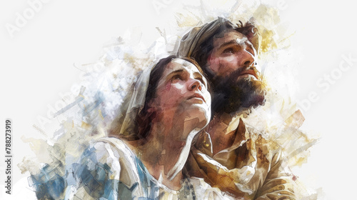 John the Apostle consoles Mary as they both gaze lovingly at Jesus in a digital watercolor painting set against a white background.