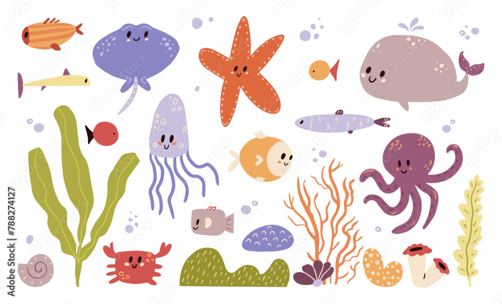 Cute undersea world with sea ocean creatures in cartoon style. Underwater animals, fish, whale, octopus, crab, jellyfish, stingray and seaweed. Colored flat vector illustration Cute undersea world with sea ocean creatures in cartoon style. Underwater animals, fish, whale, octopus, crab, jellyfish, stingray and seaweed. Colored flat vector illustration