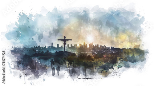 Digital watercolor painting of crucifixion with cityscape backdrop.