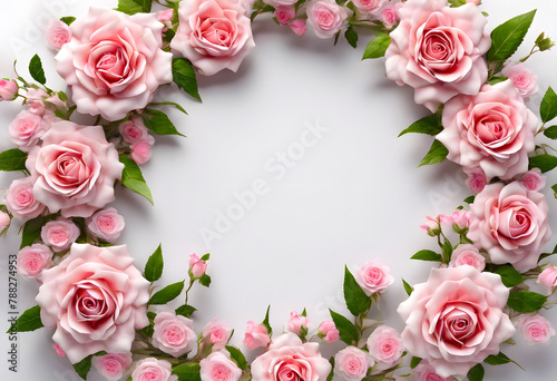 Wreath of small pink rose flowers on a white background © Ina Meer Sommer
