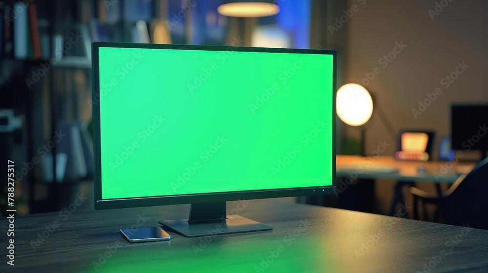 Green screen mockup on desktop in professional office setting Green screen mockup on desktop in professional office setting