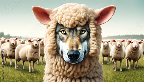 A wolf with fierce amber eyes sparkling through a hole in the sheep's wool. The costume makes it almost indistinguishable from a real sheep. photo