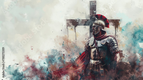 Roman soldier reflects on Jesus at the cross in digital watercolor. © Graphic Dude