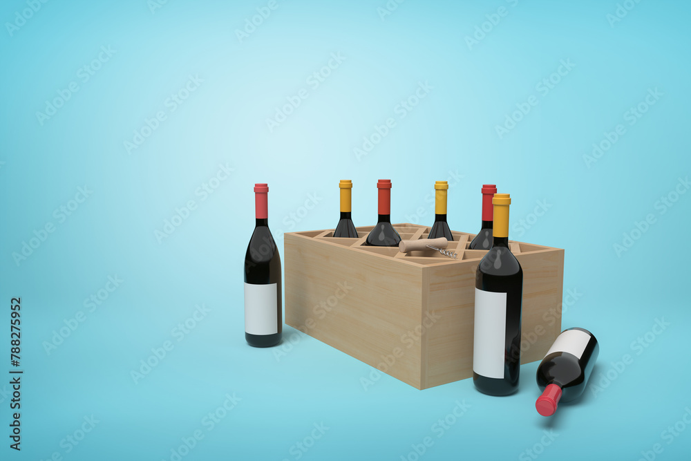 Six wine bottles neatly packed in wooden box - obrazy, fototapety, plakaty 