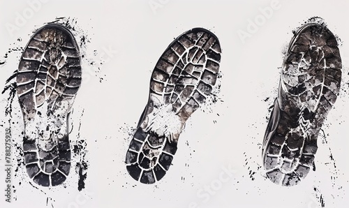 Different smudged shoe prints on a white background