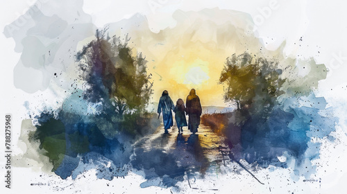 Reimagining Jesus and his disciples walking to Emmaus in a digital watercolor on a white canvas.