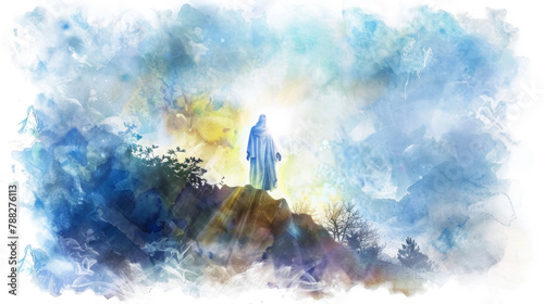 Jesus, shining brightly, depicted in digital watercolor on a white background during his transfiguration on the mountain.