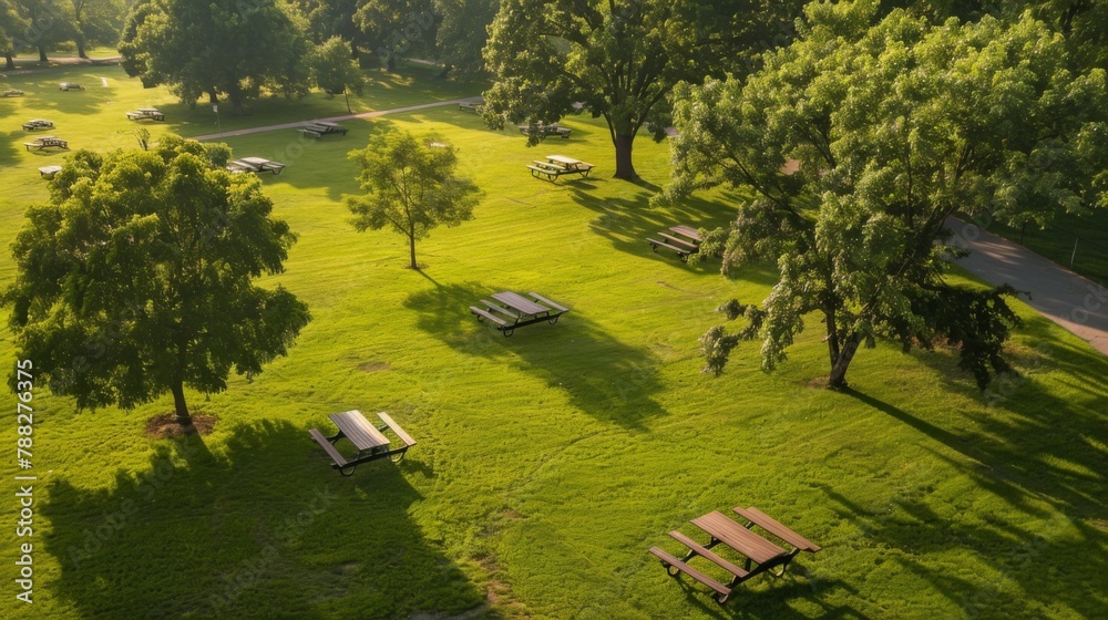 Panoramic aerial view of the park, picnic areas scattered throughout