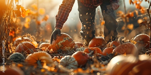 A man is picking up a pumpkin from a pile of pumpkins photo