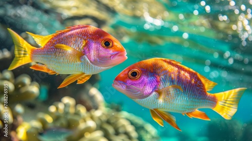 Two brightly colored fish, their bright scales contrasting beautifully against the crystal clear water