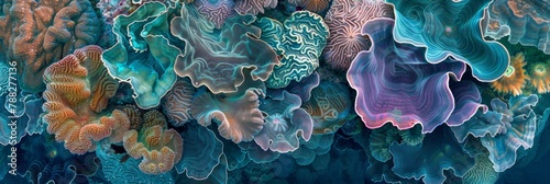 Coral colonies  revealing complex textures and vibrant colors