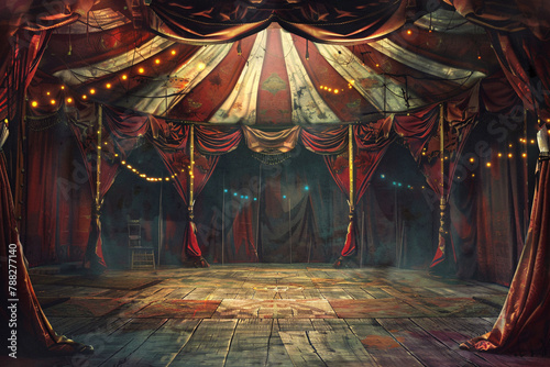 Circus red and white tent background with wooden floor