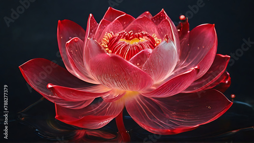 Red lotus flower blossom on black background. Blooming beautiful nelumbo nucifera isolated on dark backgrounds. It known as Indian lotus, sacred lotus in also both Hinduism and Buddhism.
 photo