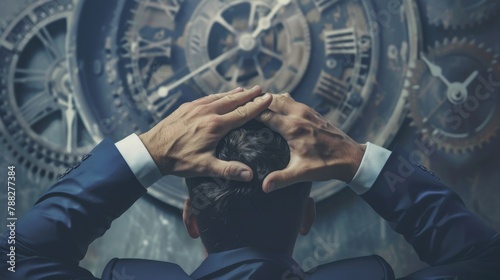 Time pressure concept. Businessman buckled under time pressure with a clock face. Time management concept.