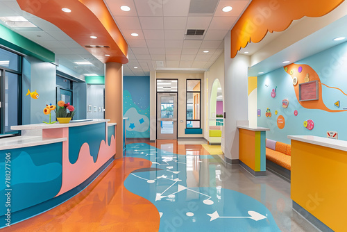 Colorful children's hospital lobby with playful aquatic theme. photo