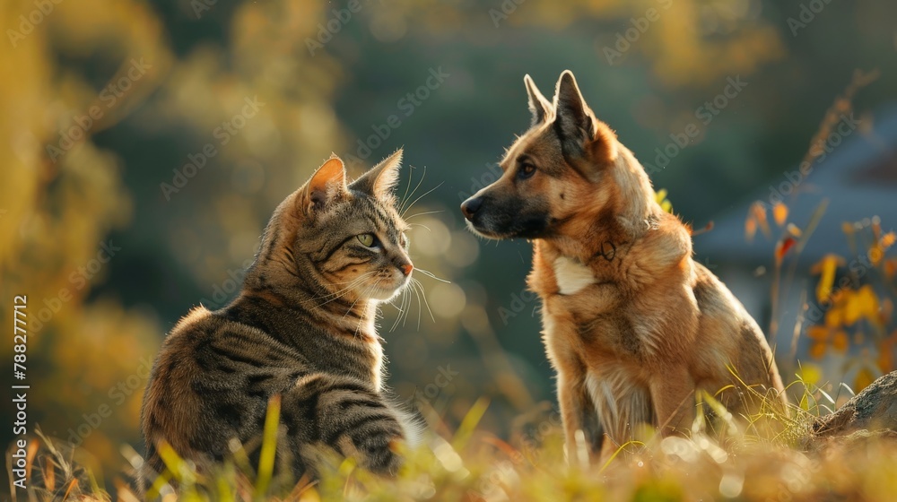 A cat and a dog sitting peacefully together, symbolizing harmony and friendship.