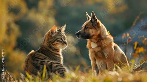 A cat and a dog sitting peacefully together  symbolizing harmony and friendship.