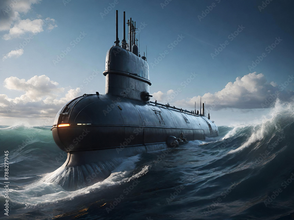 submarine emerging from the ocean, sky with clouds, generative ai illustration submarine emerging from the ocean, sky with clouds, generative ai illustration