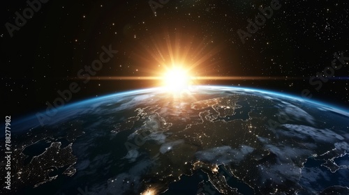 Sunrise over earth as seen from space. With stars background