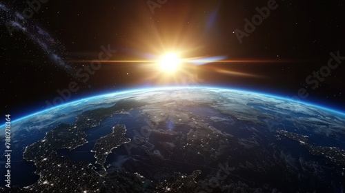 Sunrise over earth as seen from space. With stars background