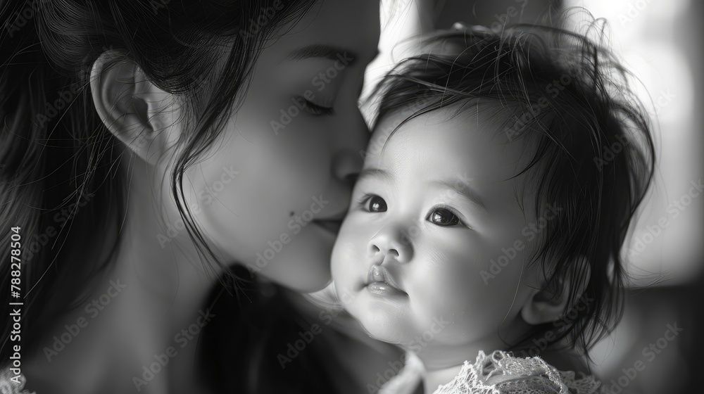 A mother tenderly kissing her baby's forehead, expressing pure affectionillustration
