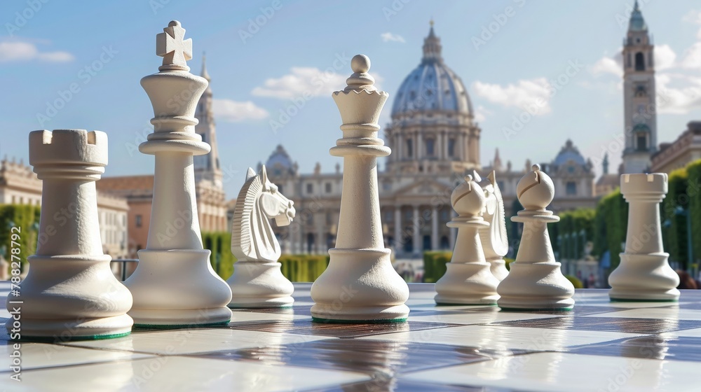 A chessboard set against a backdrop of famous landmarks, symbolizing the international appeal of the game. A chessboard set against a backdrop of famous landmarks, symbolizing the international appeal of the game.