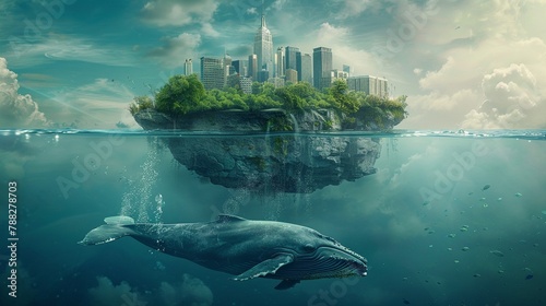 island in the middle of the ocean, cityscape and white rocks on the top part floating above the water level, under which is a giant Blue whale swimming underwater