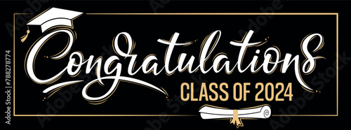 Congratulations Class of 2024 greeting sign on dark background. Academic cap and diploma. Congratulating banner. Handwritten brush lettering. Isolated vector text for graduation design, greeting card