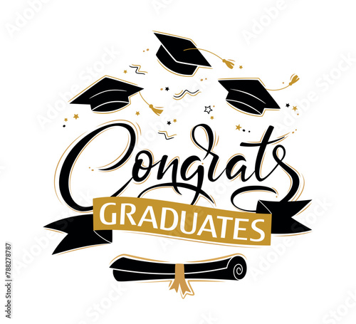 Congrats Graduates. Greeting lettering sign with academic caps and diploma. Congratulating vector banner for graduation party, congratulation ceremony,  card. University, school, academy grads symbol