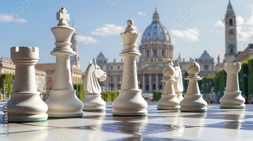 A chessboard set against a backdrop of famous landmarks, symbolizing the international appeal of the game.