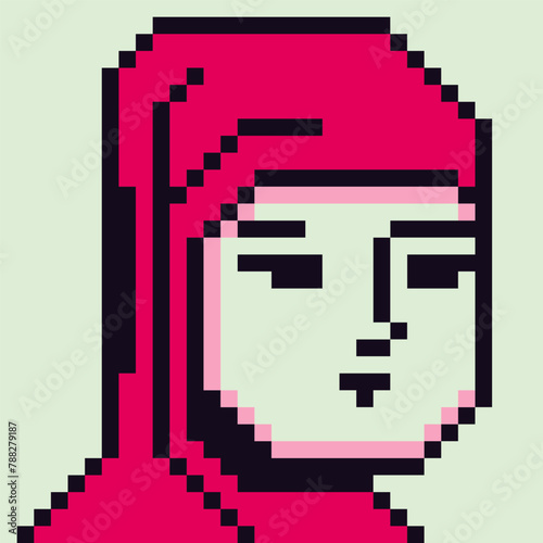 Avatar pixel female character in hijab, headscarf, cartoon vector icon, game user or web profile person, people, 8-bit girl, social net portrait, young woman face, minimalistic fashion, vector