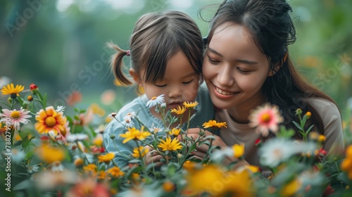 A mother and her children planting flowers in the garden, symbolizing growth and nurturingimage illustration