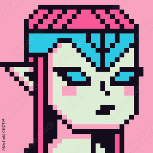 Pixel art 8-bit princess elf ears girl portrait 80-s, cryptoart, female cute character, avatar, cartoon vector icon, game user, web profile persons, people, social net portrait, minimalistic style.