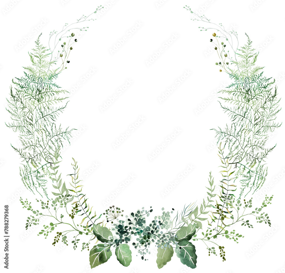 Round wreath with Watercolor fern twigs with green leaves isolated illustration, botanical wedding