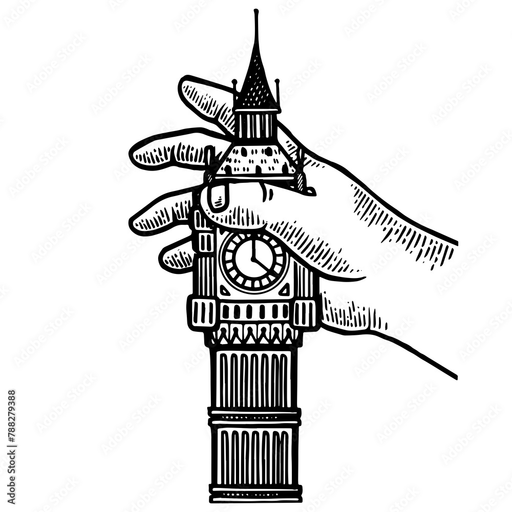 Fototapeta premium Child hand playing with Big Ben tower engraving PNG illustration. Scratch board style imitation. Black and white hand drawn image.