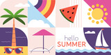 Abstract geometric summer travel banner background. Summertime vacation concept design. Colored flat vector illustration