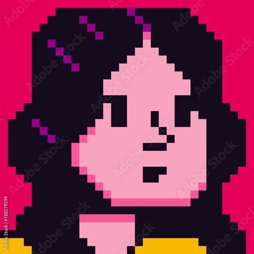 Pixel art young woman face, 8-bit girl, avatar female character, cartoon vector icon, game user or web profile persons and people, social net portrait, minimalistic fashion, vector