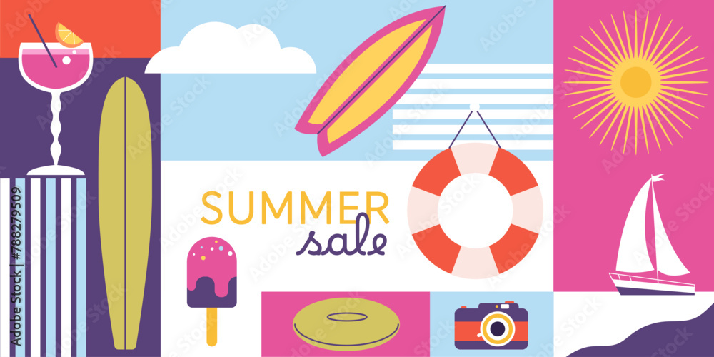 Naklejka premium Abstract geometric summer travel banner background. Summertime vacation concept design. Colored flat vector illustration