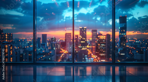 Blurred office workspace in the evening  interior workplace with cityscape for business presentation background 