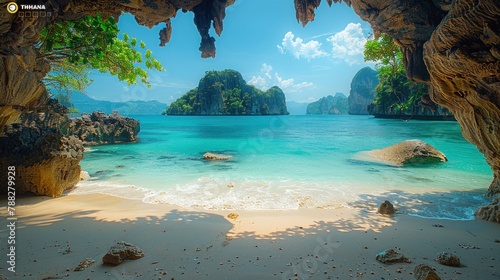 Amidst the limestone karsts of Railay Beach  the letters of THAILAND rise from the sandy shores