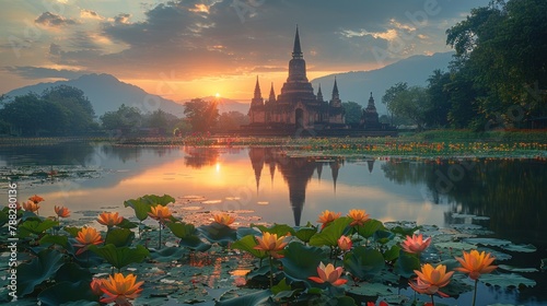 As the dawn breaks over the ancient city of Sukhothai, the letters of THAILAND emerge, bathed in the golden light of a new day. photo