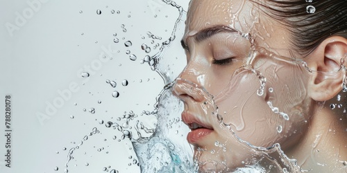Close-up of a woman's face with splashes and drops of water frozen in motion around her