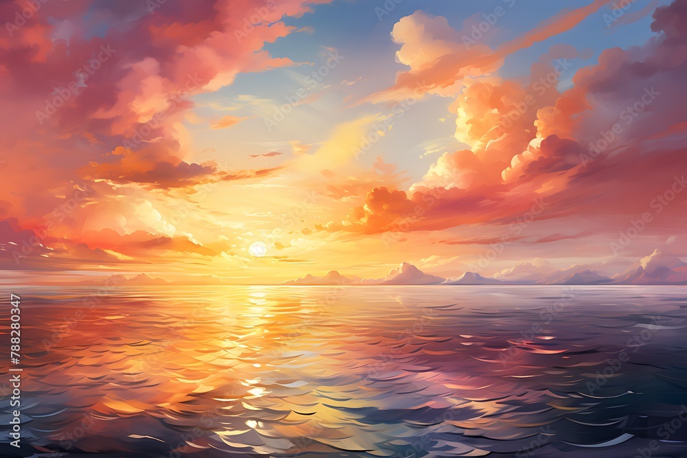 Sea sunset. 3d render of sea sunset with clouds and waves