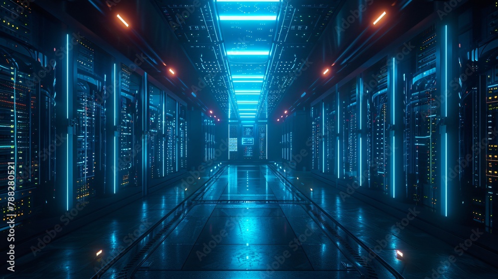 A long, dark hallway with blue lights on the walls and ceiling. There are servers on both sides of the hallway. A long, dark hallway with blue lights on the walls and ceiling. There are servers on both sides of the hallway.
