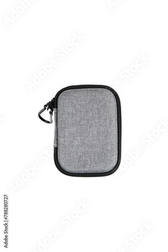 Protective hard case with a zipper and a gray fabric texture. Isolate on a white back