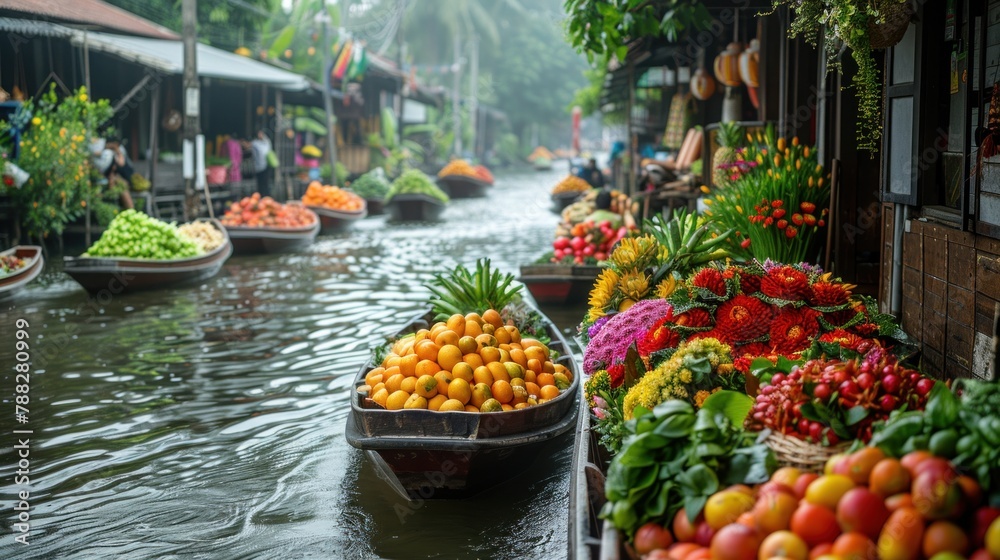 Journey through the floating markets of Damnoen Saduak, where the letters of THAILAND drift alongside boats laden with fresh produce and colorful flowers.