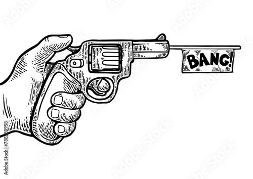 Pistol with white flag imitation shooting engraving PNG illustration. Scratch board style imitation. Black and white hand drawn image. photo