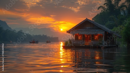 Journey along the Mekong River, where the letters of THAILAND float gently on the water photo
