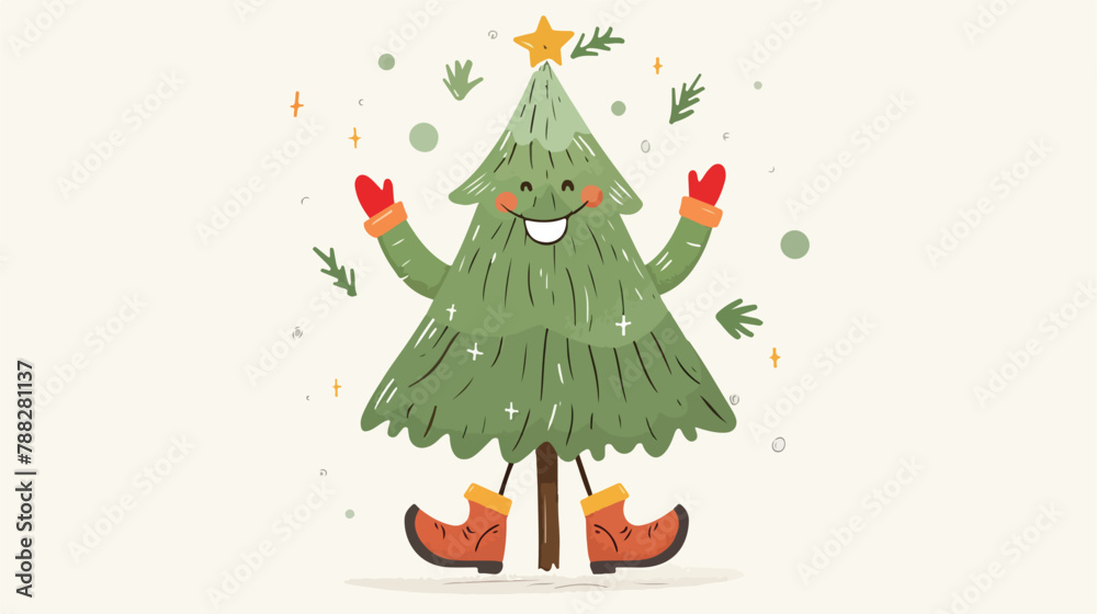Cute Christmas Tree. Funny comic Character with smiling